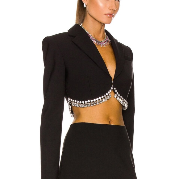 AREA drapped Black Cropped Blazer with Crystal Trim - Picture 2 of 12